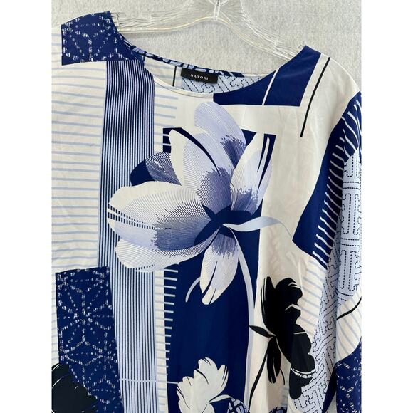 Natori Kabuki PJ Set Large Floral Short Sleeve Draw String Bottoms Blue White - Picture 7 of 14